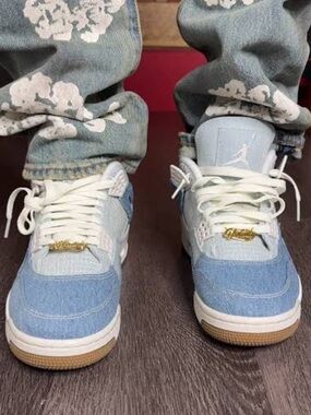 Jordan 4 Retro Denim Sneakers in Light Blue and White with Gum Outsole